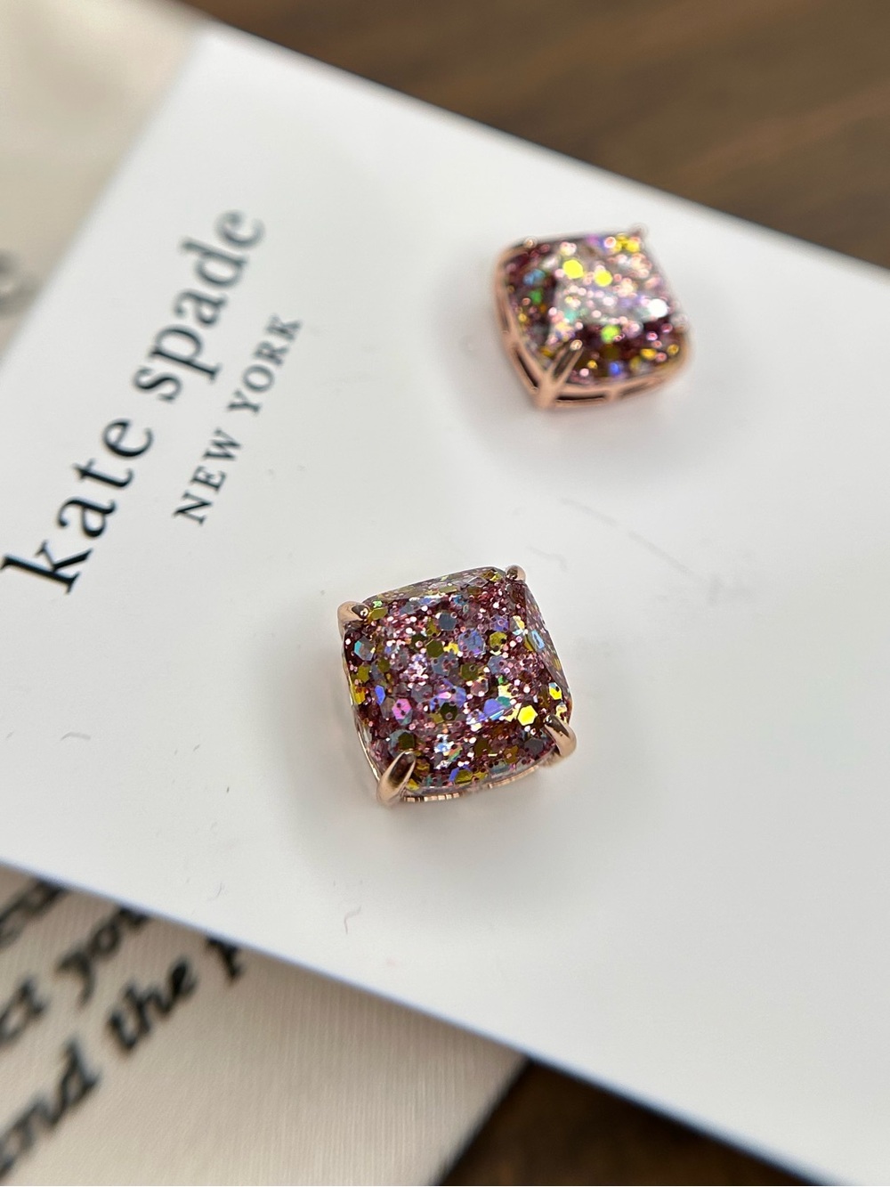 Kate Spade New York Glitter Square Stud Earrings Pink Gold Tone with Pouch - Picture 3 of 3